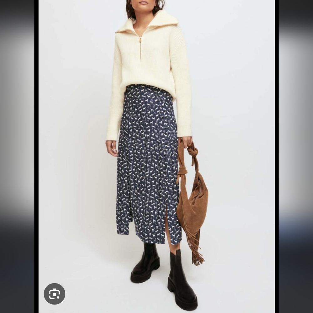 Maje Horse Print Jacquard Skirt With Studs in Navy Blue